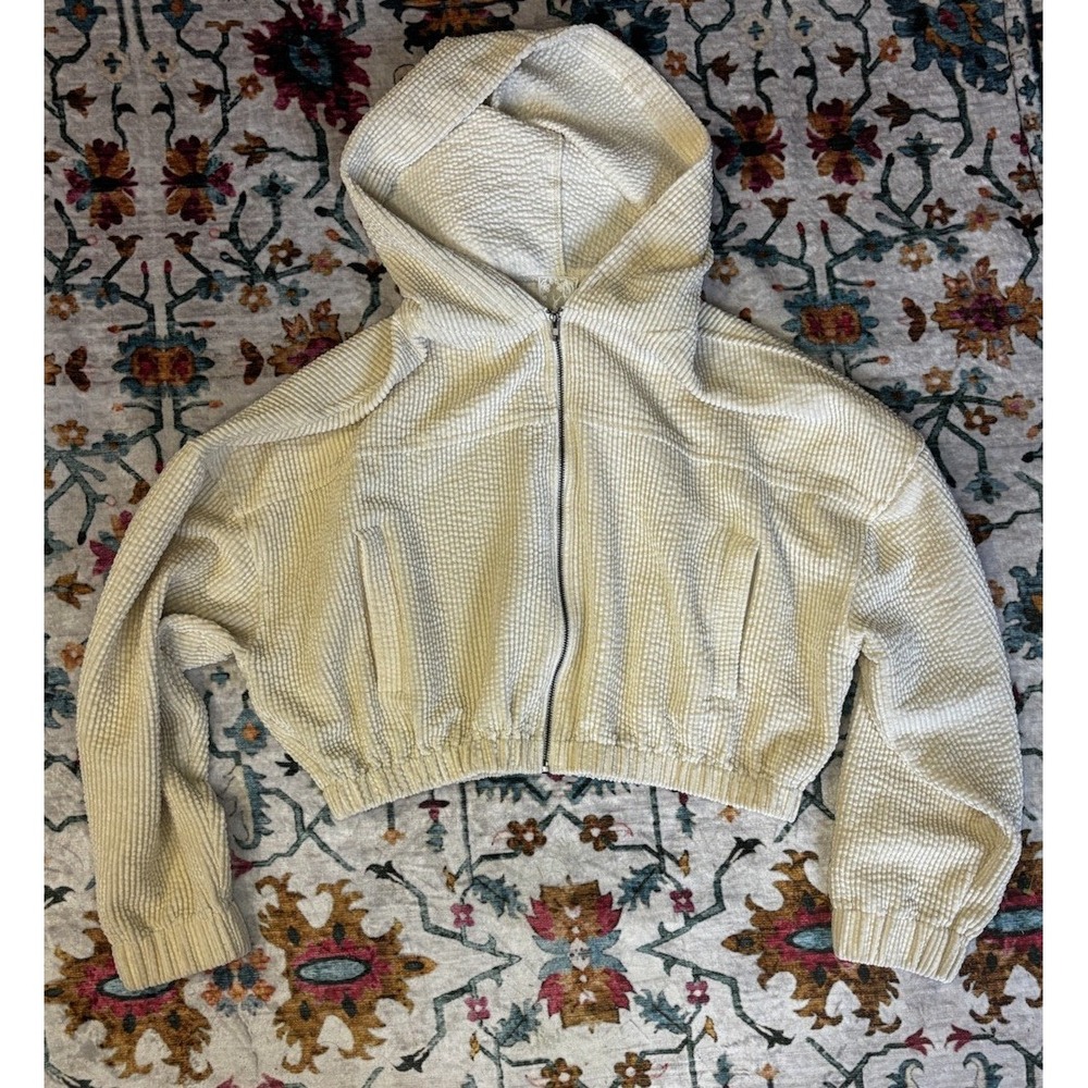 Sadie & Sage‎ Cream Textured Chenille Cropped Zip Hoodie Jacket M Elastic Hem